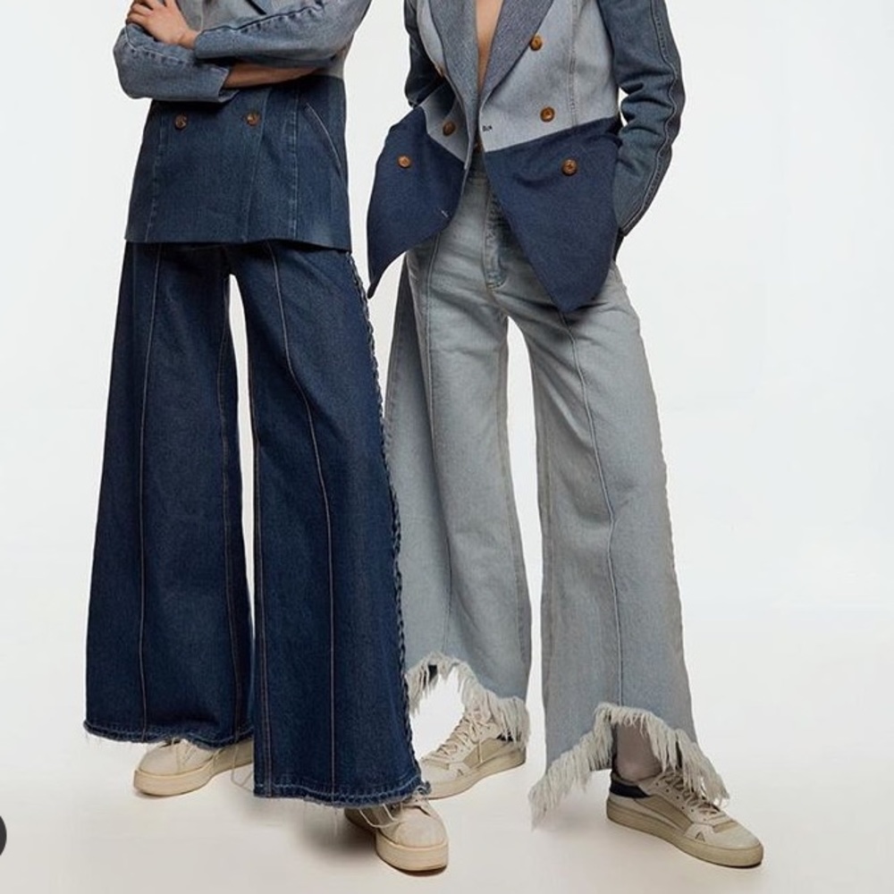 $400 Ksenia Schnaider Street Style Unique Cutout Wide Leg Frayed Jeans NEW - Picture 3 of 11